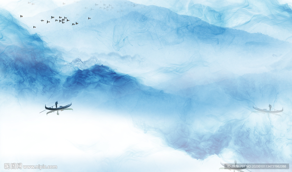 蓝色水墨山水