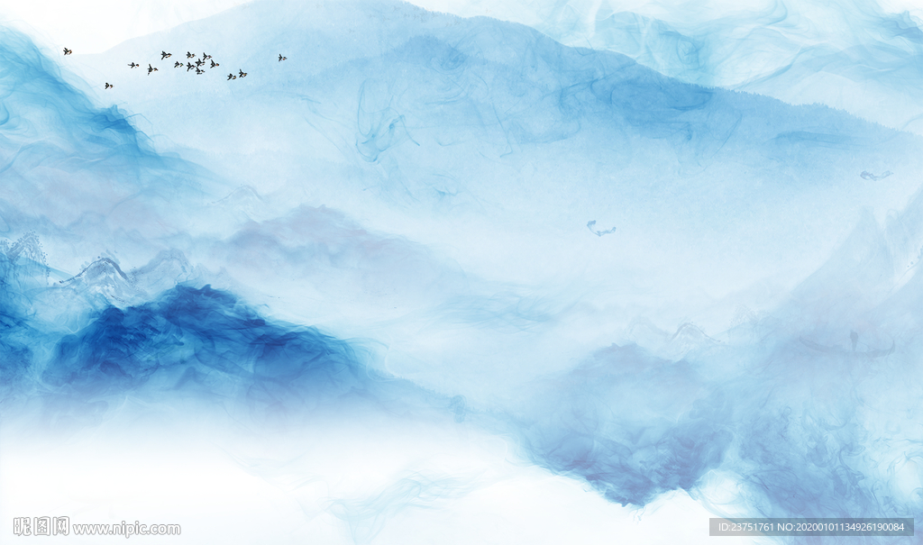 蓝色水墨山水