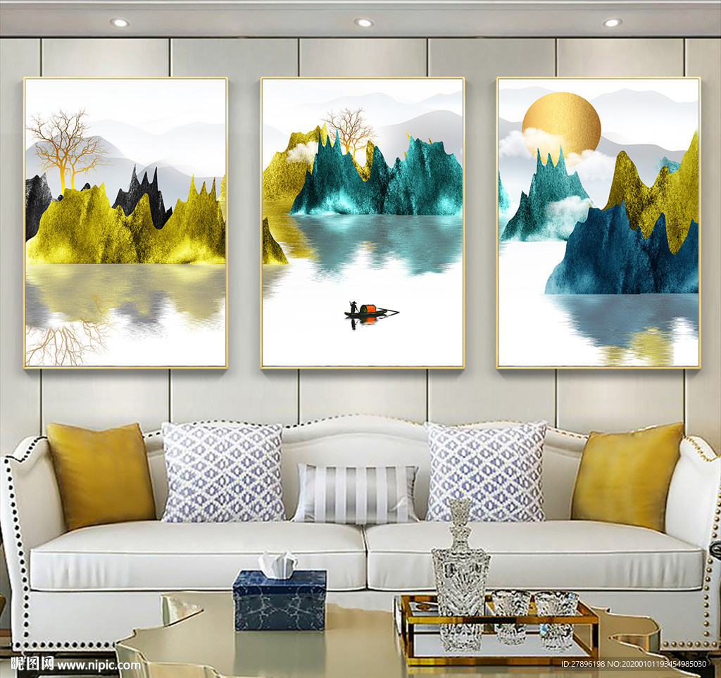 金箔山水三联画