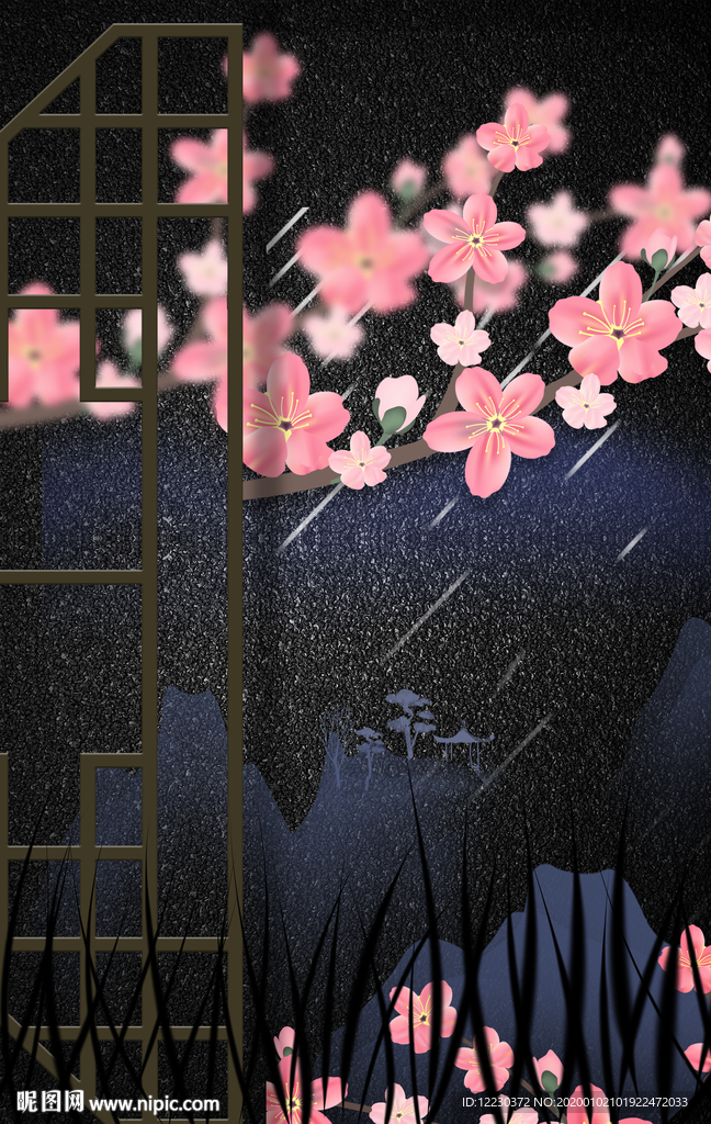 中国风国潮梅花窗户插画元素