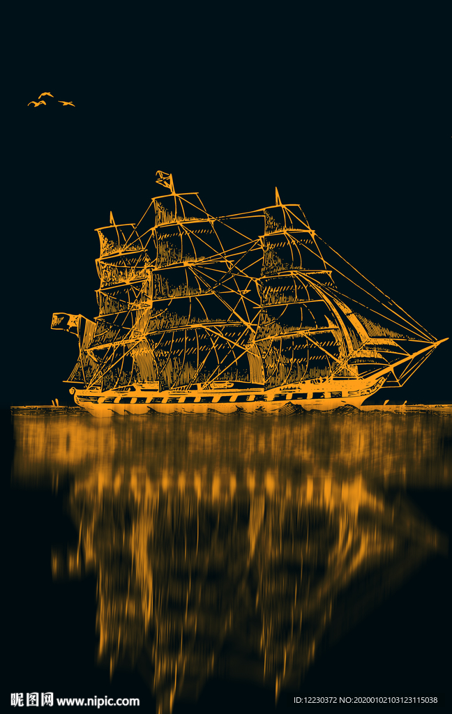 中国风国潮金色帆船插画元素