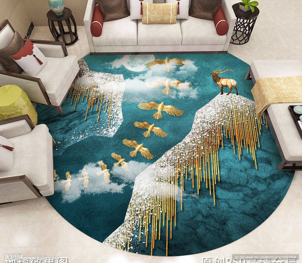 新中式山水抽象圆形地毯