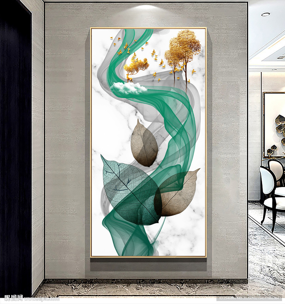 轻奢线条创意叶子玄关画