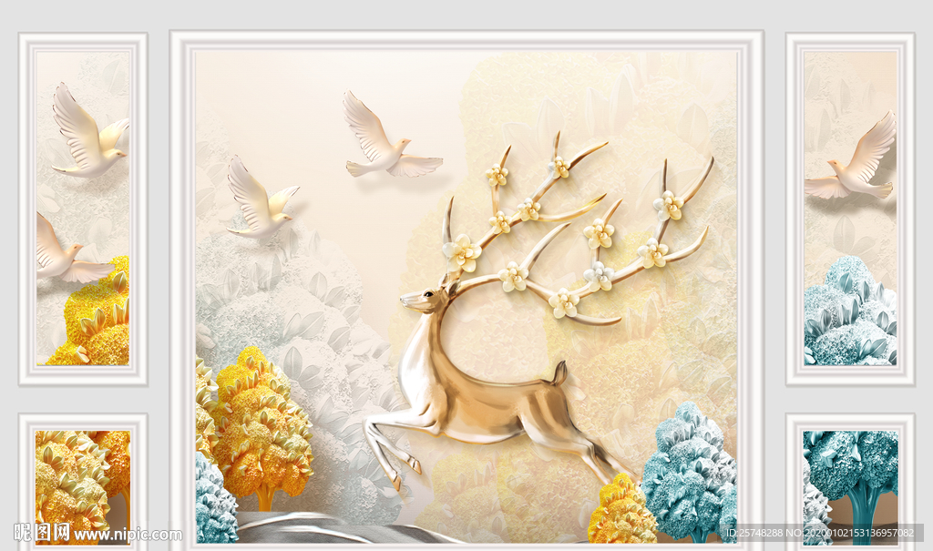 金色麋鹿室内电视壁画
