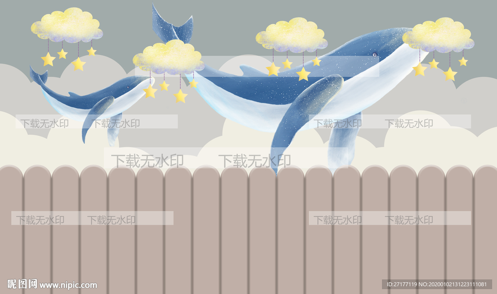 卡通海豚儿童房背景墙