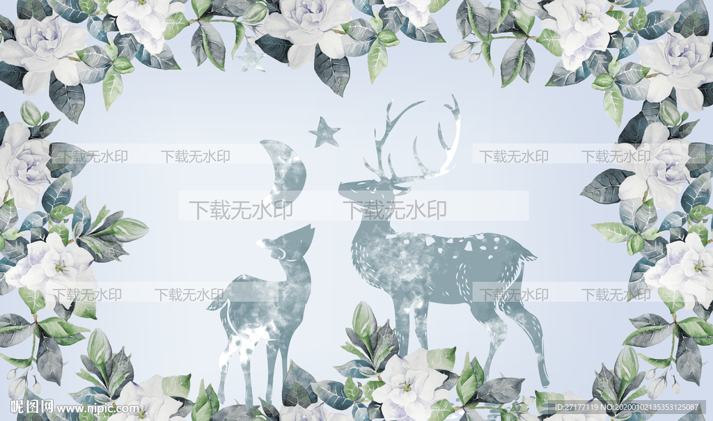 水彩麋鹿花卉背景墙