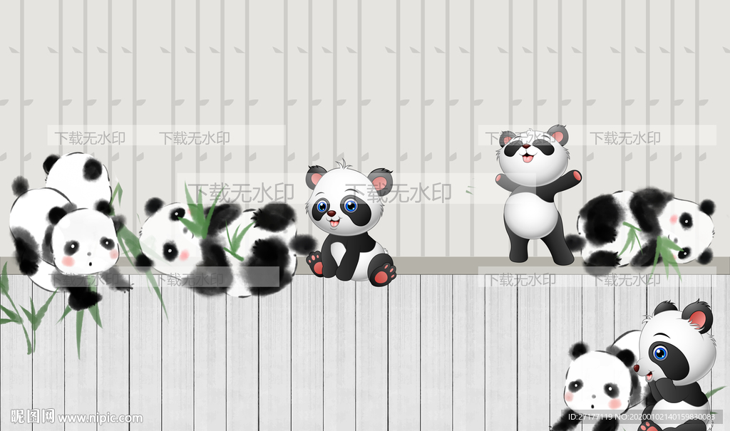 卡通熊猫儿童房背景墙