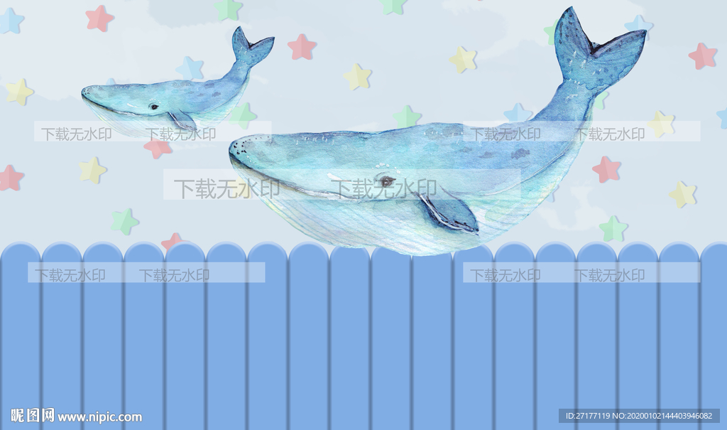 水彩手绘卡通鲸鱼儿童房背景墙