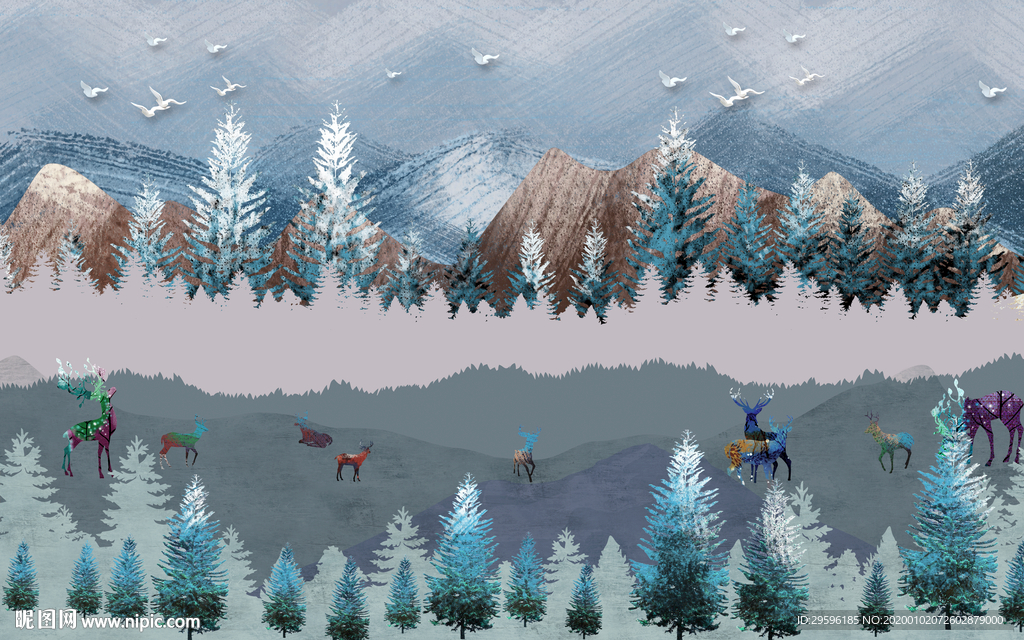 麋鹿森林新装饰画 TIF分层