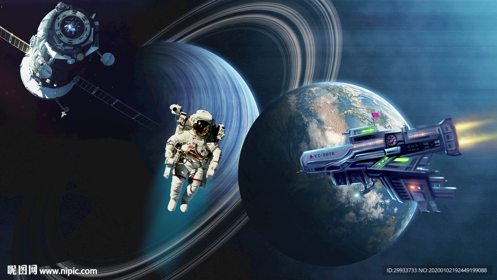 3D宇航员宇宙飞船太空背景墙图