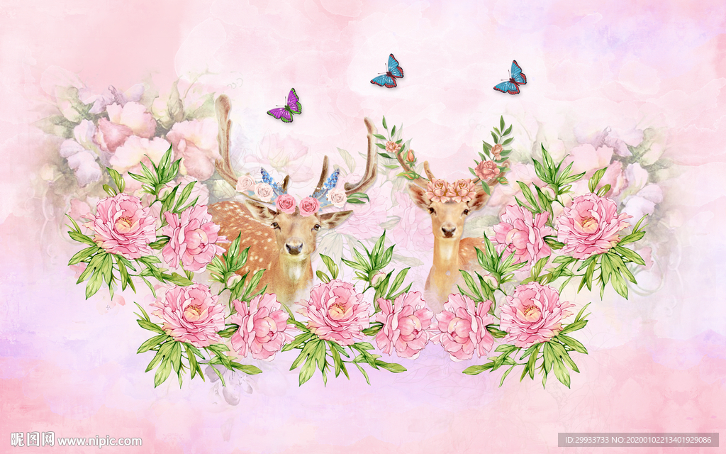手绘麋鹿鲜花背景墙装饰画