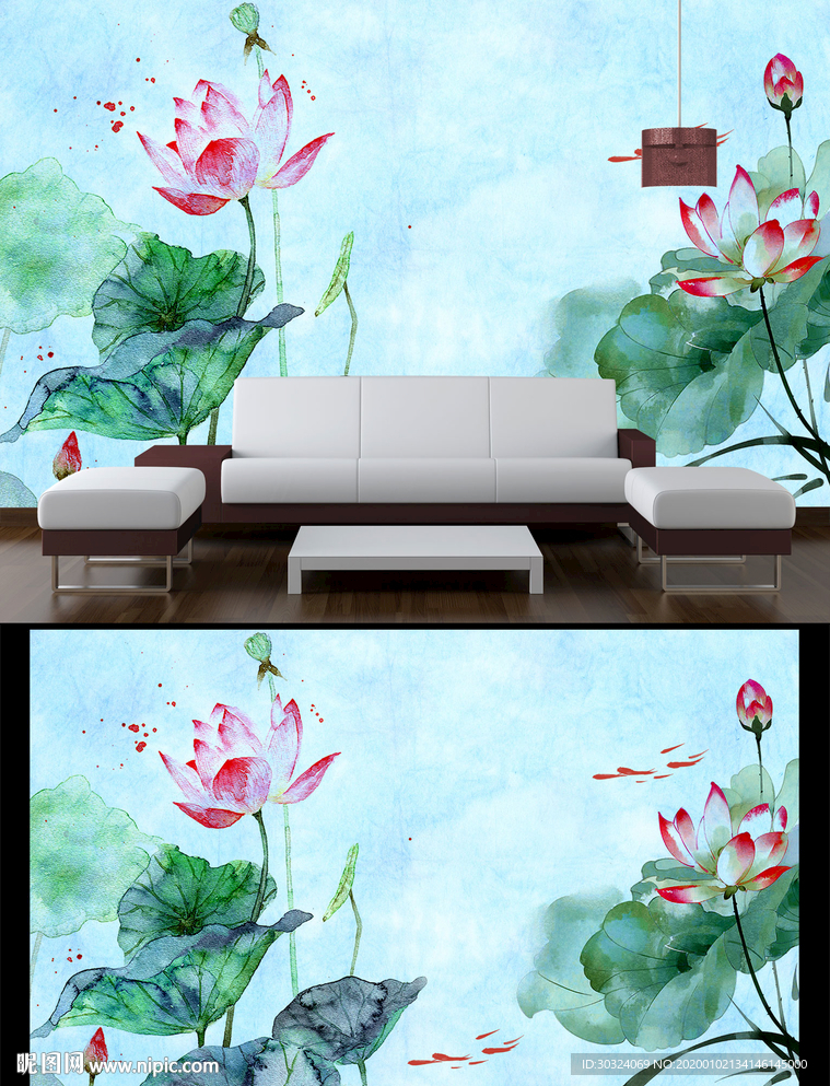 水墨荷花电视背景墙