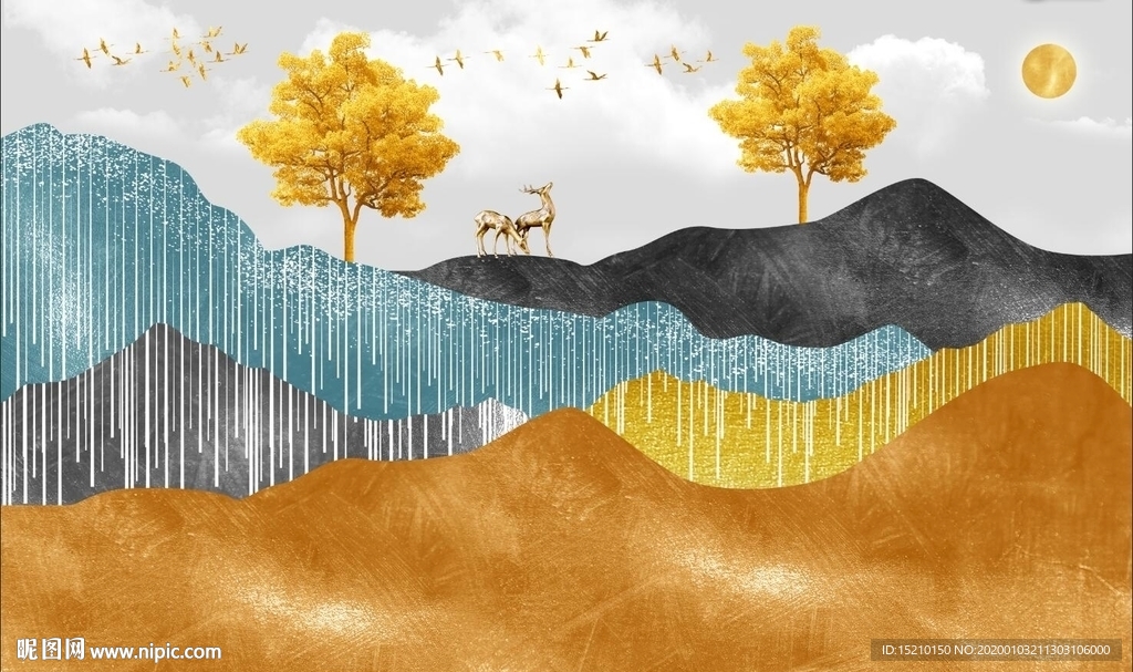 金色山脉发财树电视背景墙