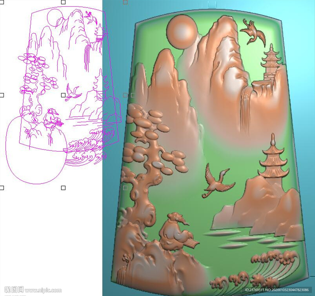 山水松鹤挂件玉雕松树牌子精雕图