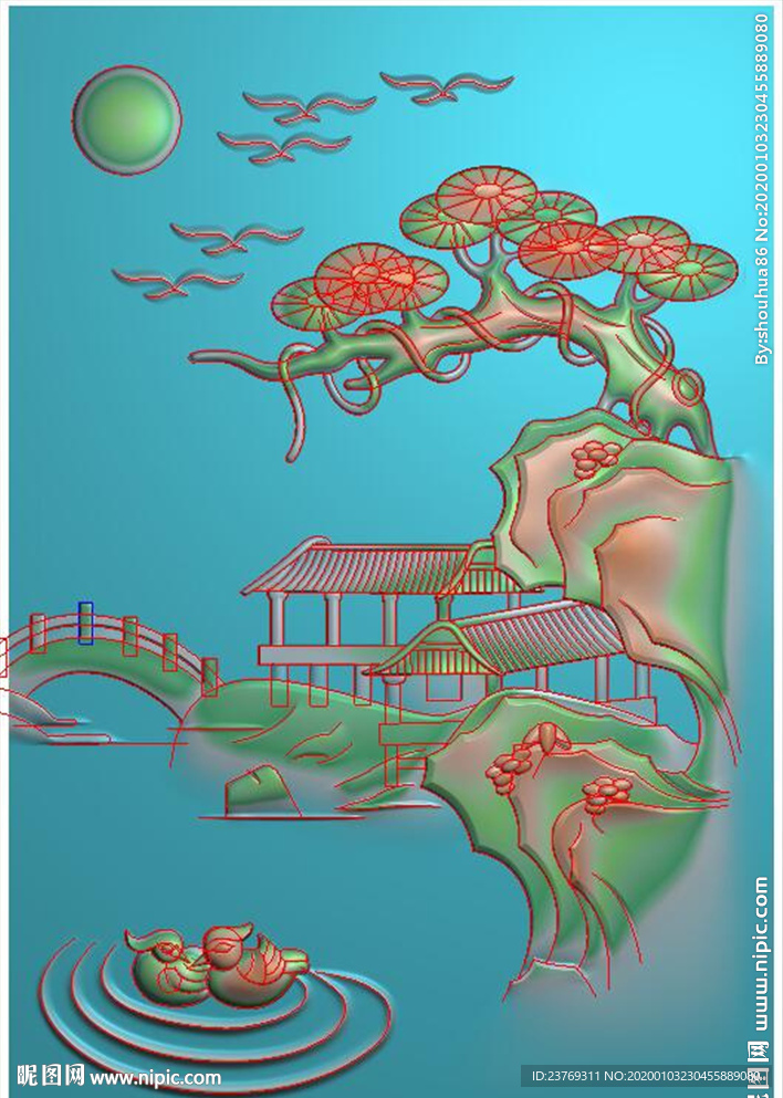 松鹤延年挂件小桥房子风景精雕图