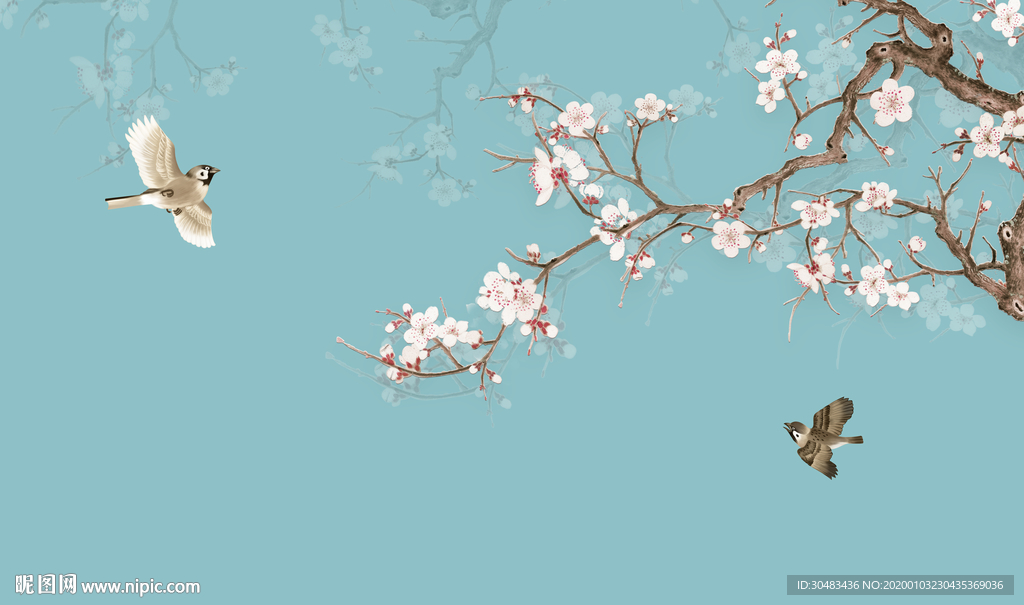 白色梅花花鸟电视墙景背