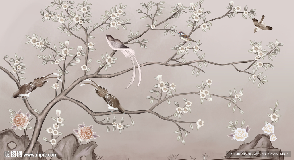 中式花鸟电视墙