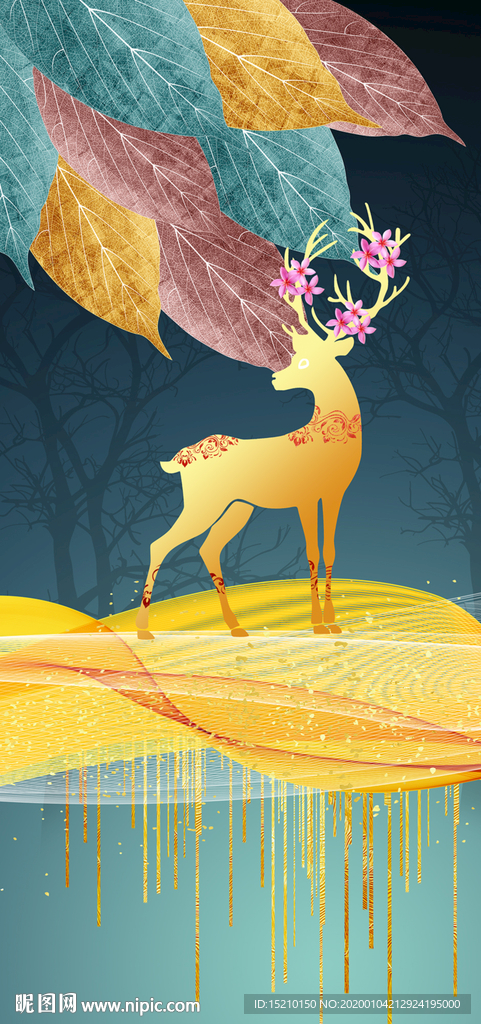 金色线条树叶玄关背景墙