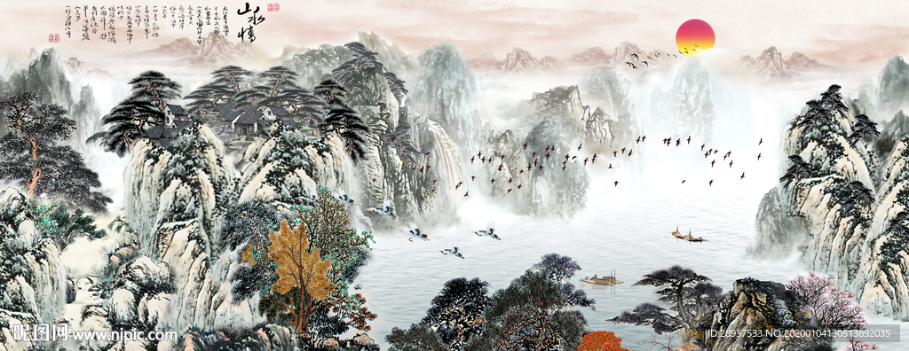 原创水墨山水风景画背景墙装饰画