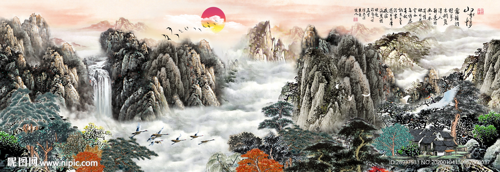 原创大型水墨山水风景画背景墙