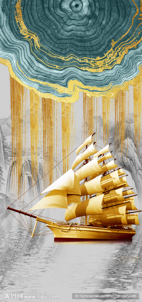 水墨山水帆船玄关背景墙