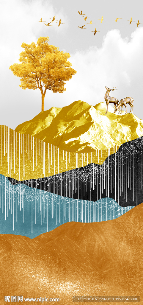 金色山脉抽象树玄关背景墙