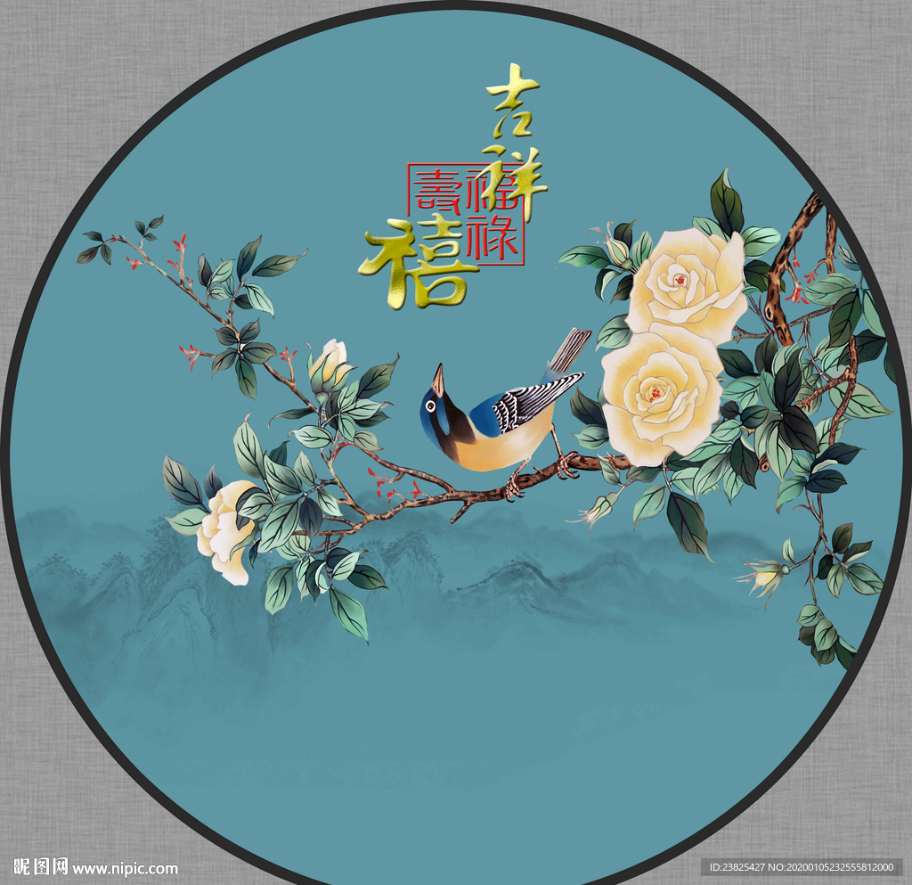 新中式手绘工笔花鸟圆形装饰画