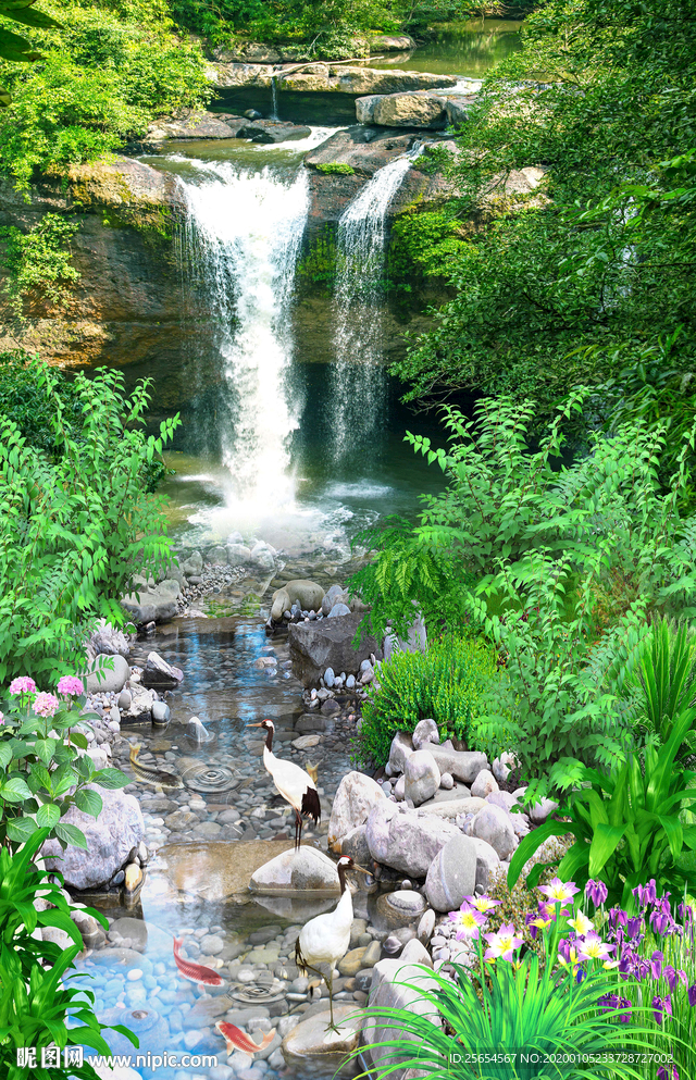 山中蜿蜒流水瀑布玄关背景墙