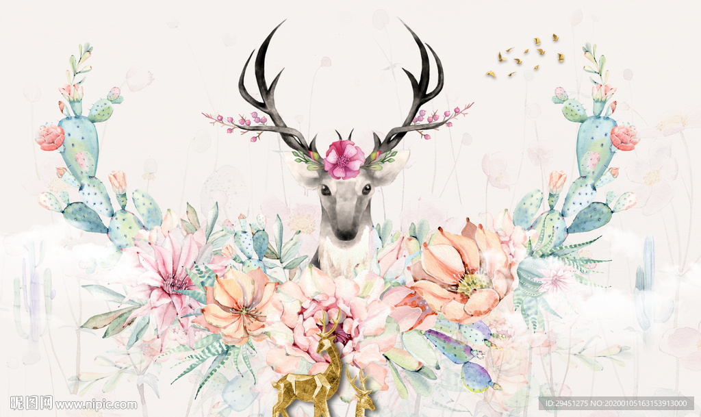 鹿头欧式背景墙画 TIF分层