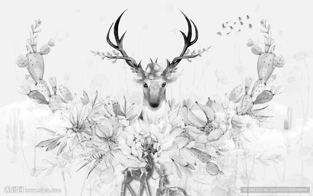 鹿头 欧式背景墙画 TIF分层