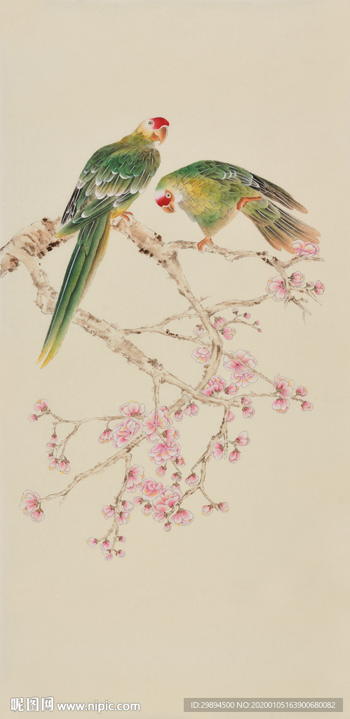 古典桃花鹦鹉中式装饰画
