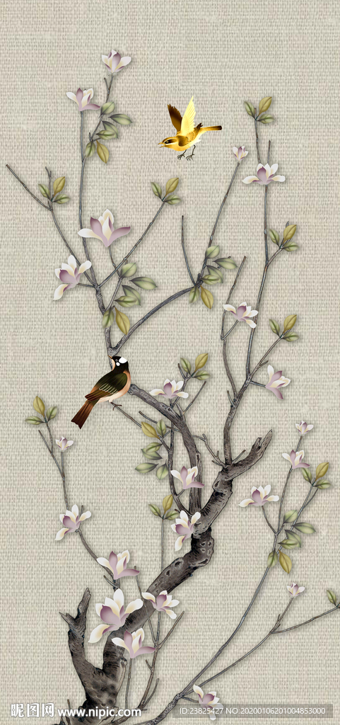 新中式手绘工笔花鸟玄关背景墙