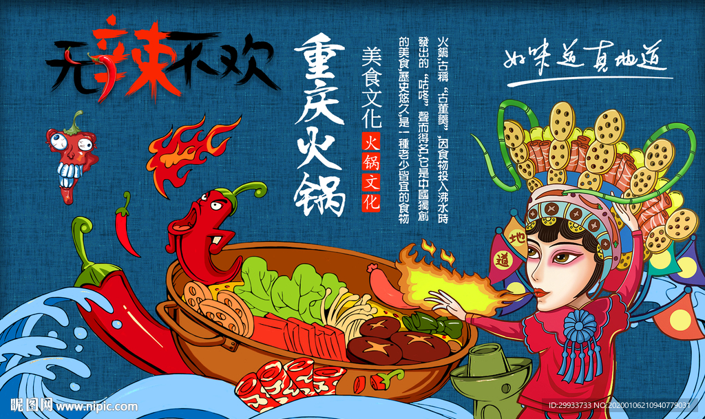 手绘重庆火锅文化背景墙