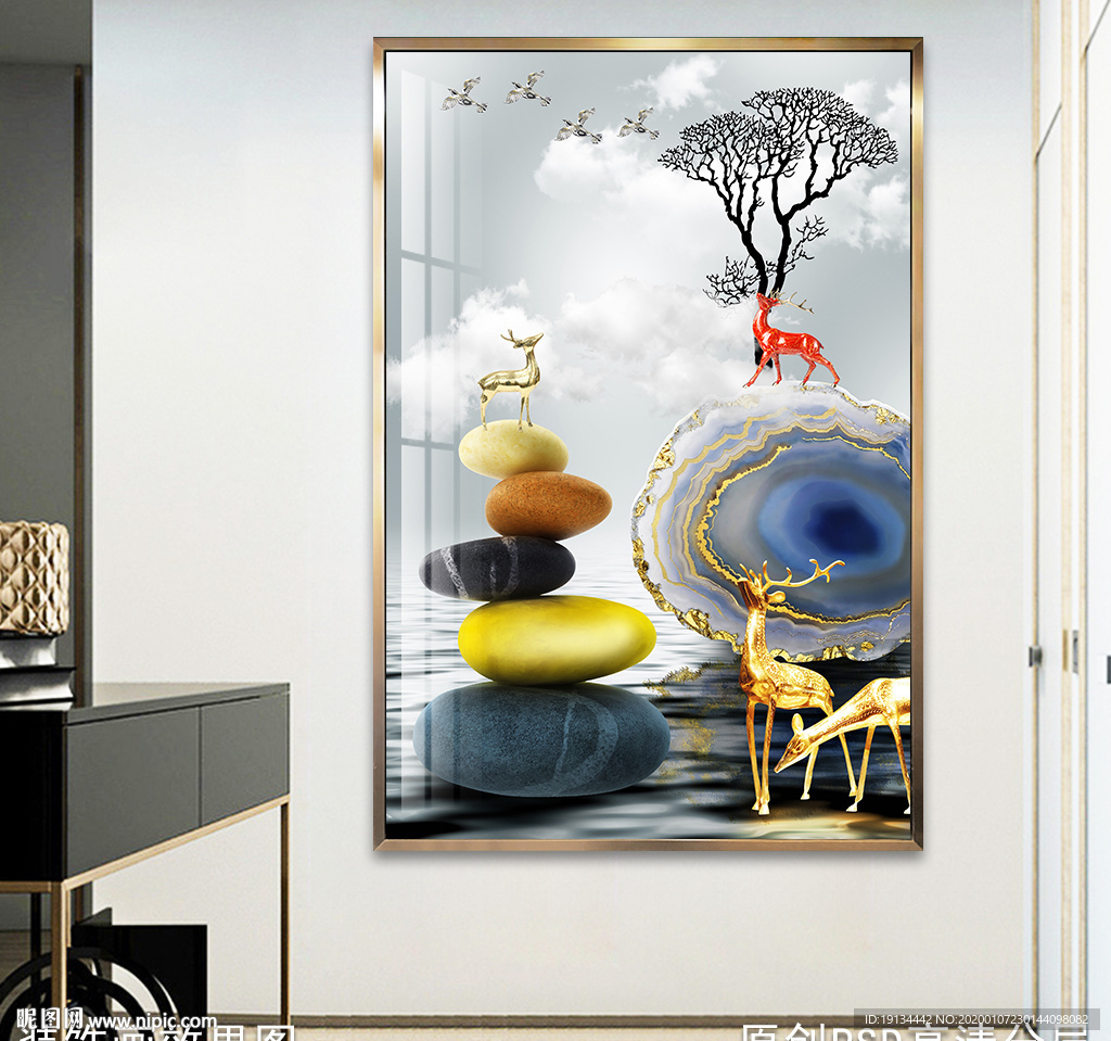 石来运转金鹿发财树晶瓷画