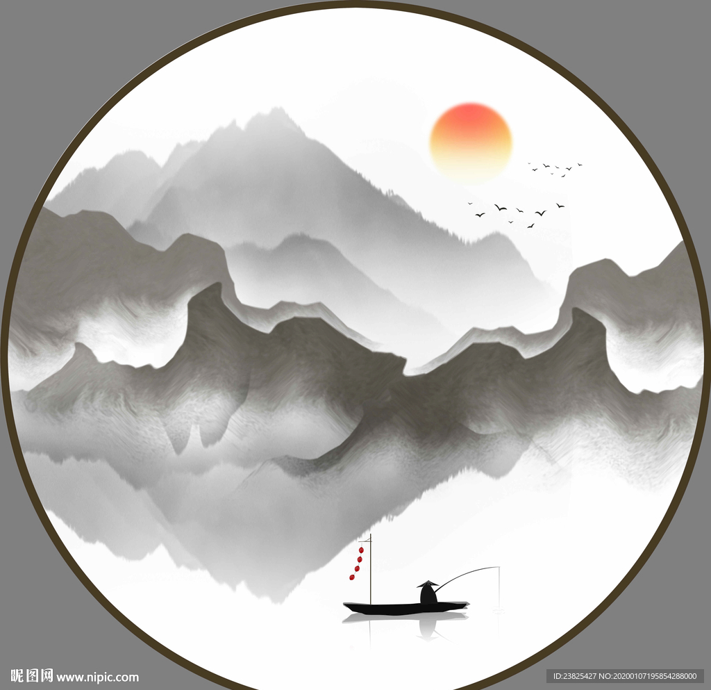 新中式水墨山水意境圆形装饰画
