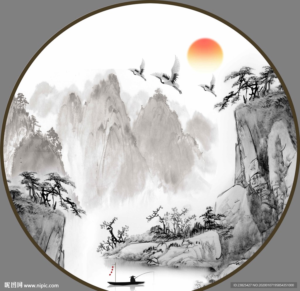 新中式水墨山水意境圆形装饰画