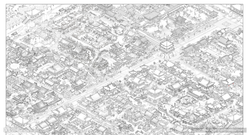 长安古城外城细节高清大图线稿