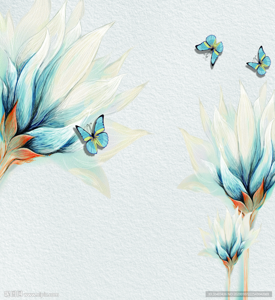 蓝色手绘花朵电视墙背景