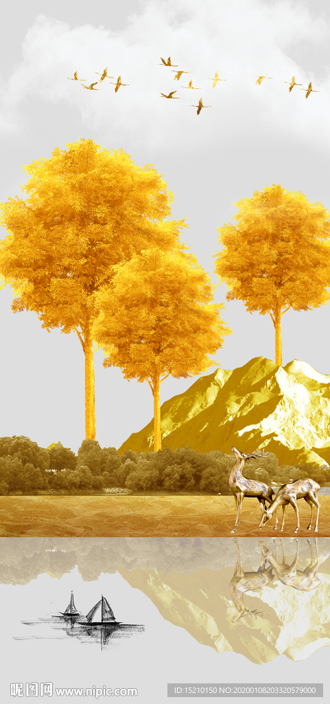 金色山脉发财树玄关背景墙