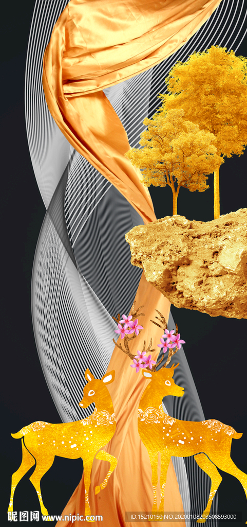 金色丝绸发财树玄关背景墙