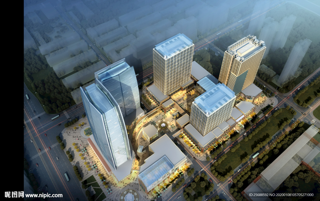 商业中心广场鸟瞰建筑效果图