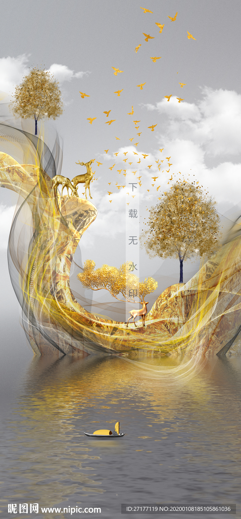 新中式轻奢侈麋鹿发财树玄关