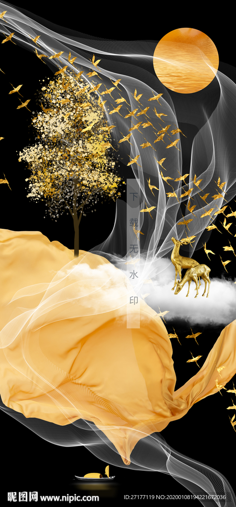 新中式轻奢侈抽象发财树麋鹿玄关