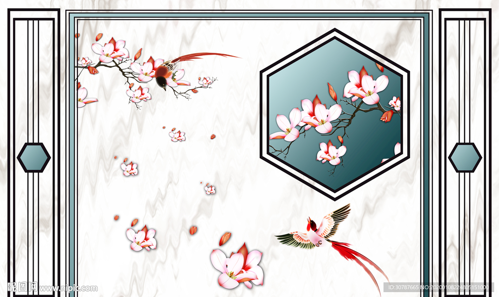 护墙板新中式花鸟背景墙