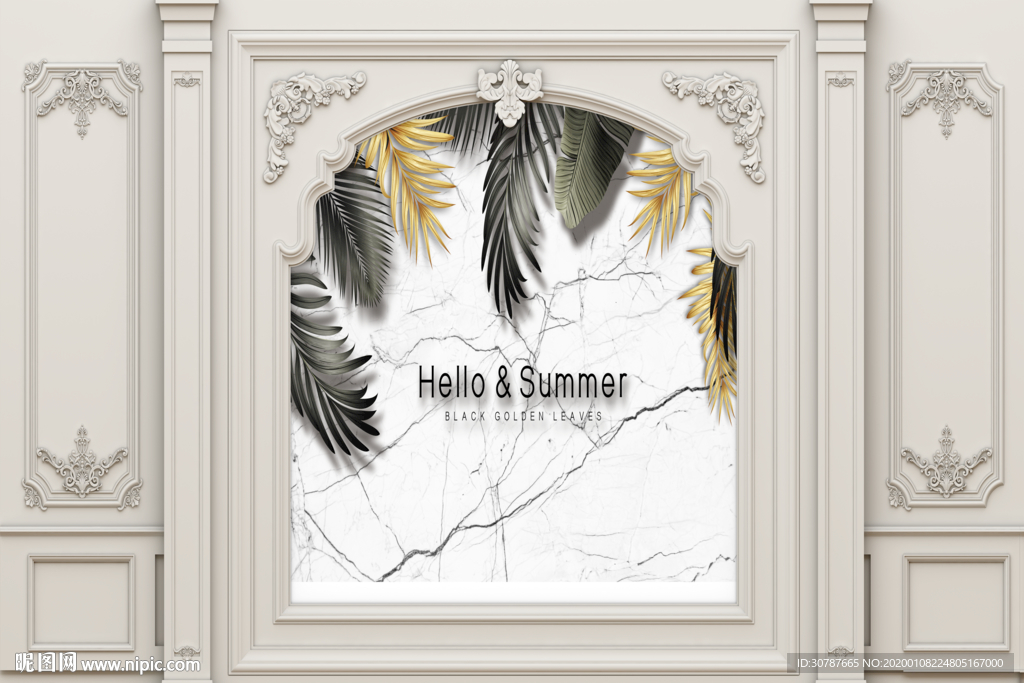 罗马柱大理石纹羽毛背景墙