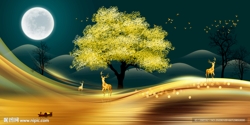 轻奢风景发财树麋鹿晶钻画