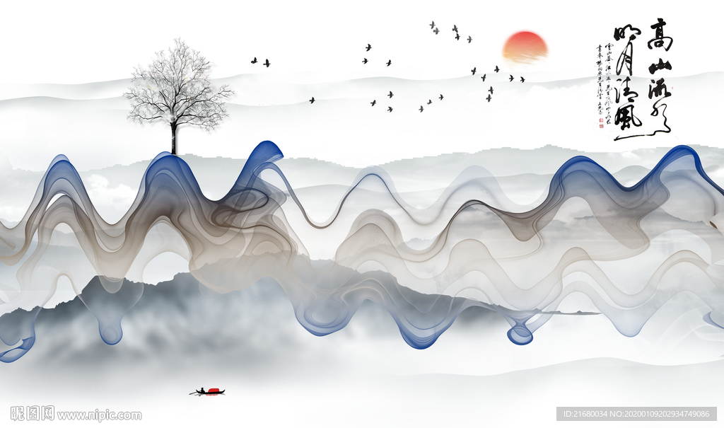 高山流水新中式山水背景墙