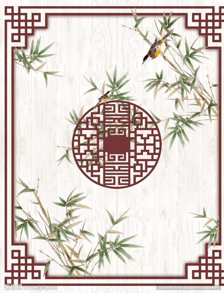 中式边框竹鸟吊顶背景图