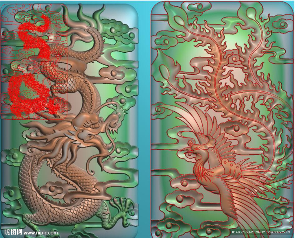 龙凤呈祥玉雕挂件精雕图浮雕灰度