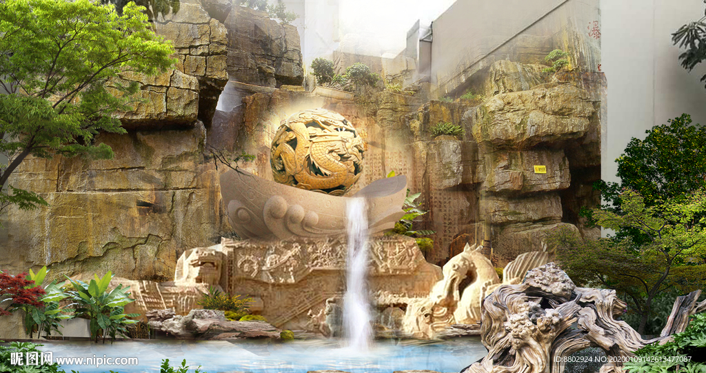 假山跌水景观效果图